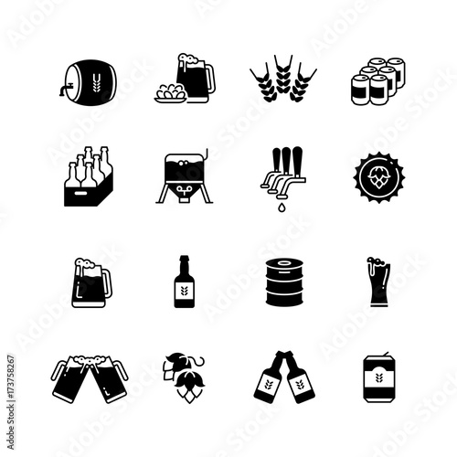 Beer and brewing vector icons set. Brewery bottle and glass symbols