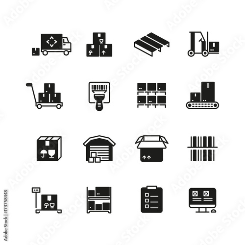 Industrial warehouse, logistics and distribution management vector icons