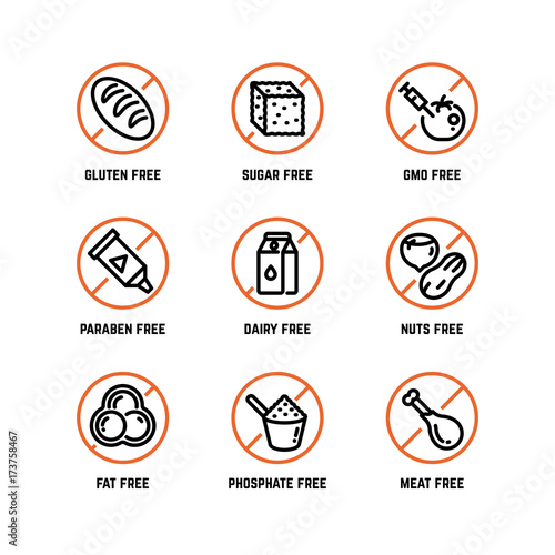 Food ingredient warning vector icons. Phosphate free, without gmo, no gluten organic product symbols