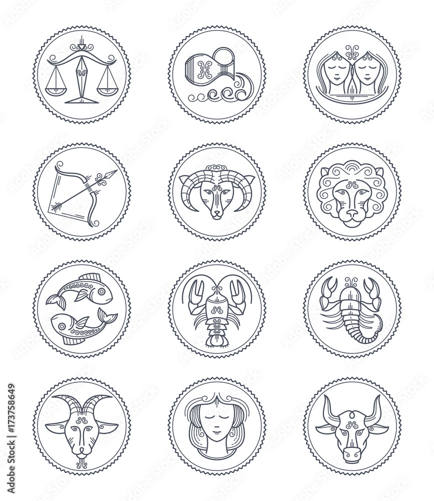 Zodiac vector astrology vector line icons. Aries and taurus, gemini and cancer, leo and virgo, libra and scorpio, sagittarius and capricorn, aquarius and pisces signs