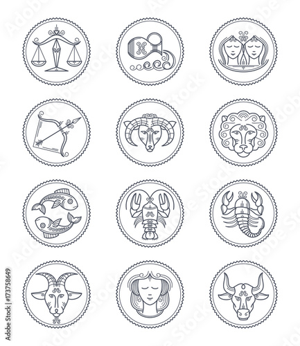 Zodiac vector astrology vector line icons. Aries and taurus, gemini and cancer, leo and virgo, libra and scorpio, sagittarius and capricorn, aquarius and pisces signs