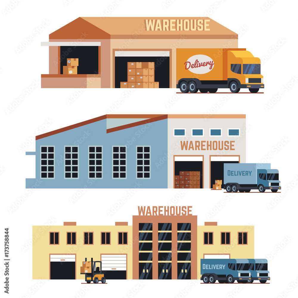 Warehouse building, industrial construction and factory storage vector icons