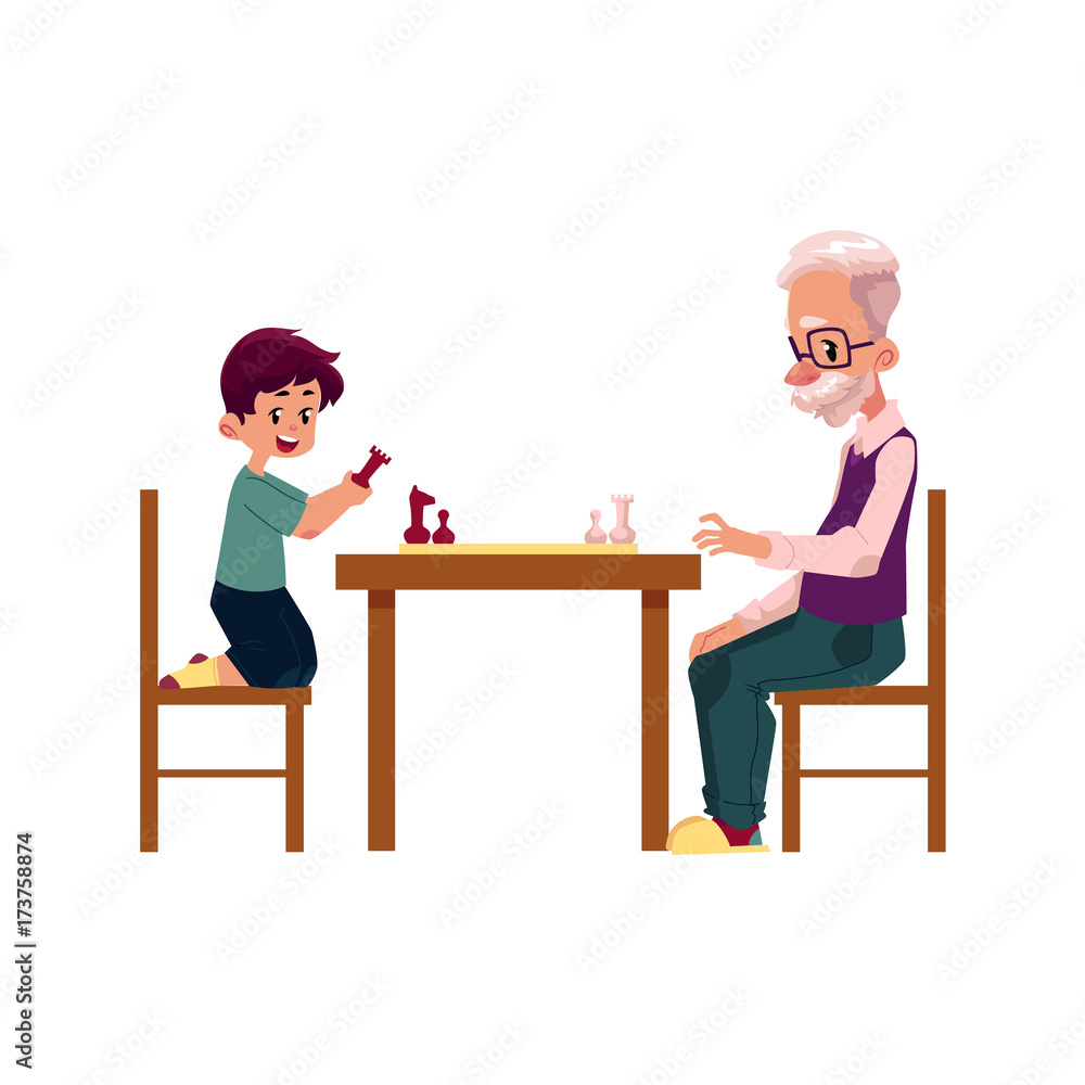 Grandfather, old man playing chess with his grandson, teenage boy, cartoon vector illustration isolated on white background. Granddad grandparent and grandson playing chess, happy family concept Grandfather, old man playing chess with his grandson, teenage boy, cartoon vector illustration isolated on white background. Granddad grandparent and grandson playing chess, happy family concept