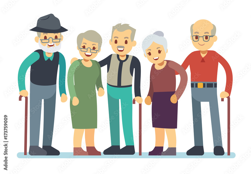 Group of old people cartoon characters. Happy elderly friends vector  illustration Stock Vector | Adobe Stock