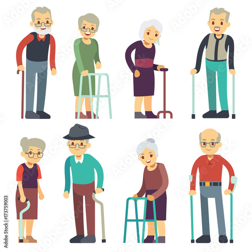 Old people cartoon vector characters set. Senior man and woman couples collection