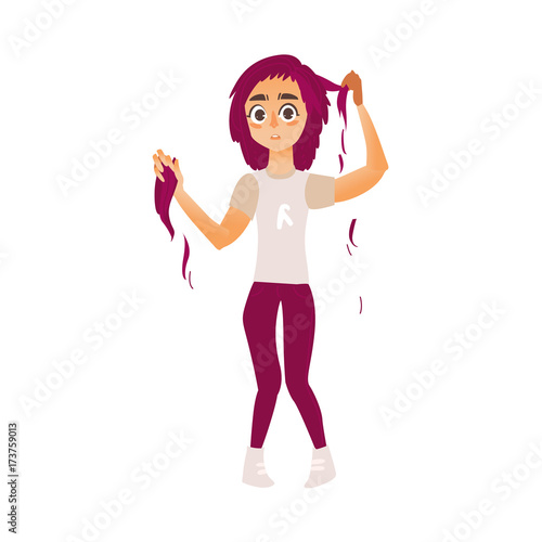 vector flat cartoon young woman suffering from hair loss problem. Stressed depressed female character plucking her pink hair out. Isolated illustration on a white background. Mental illness concept