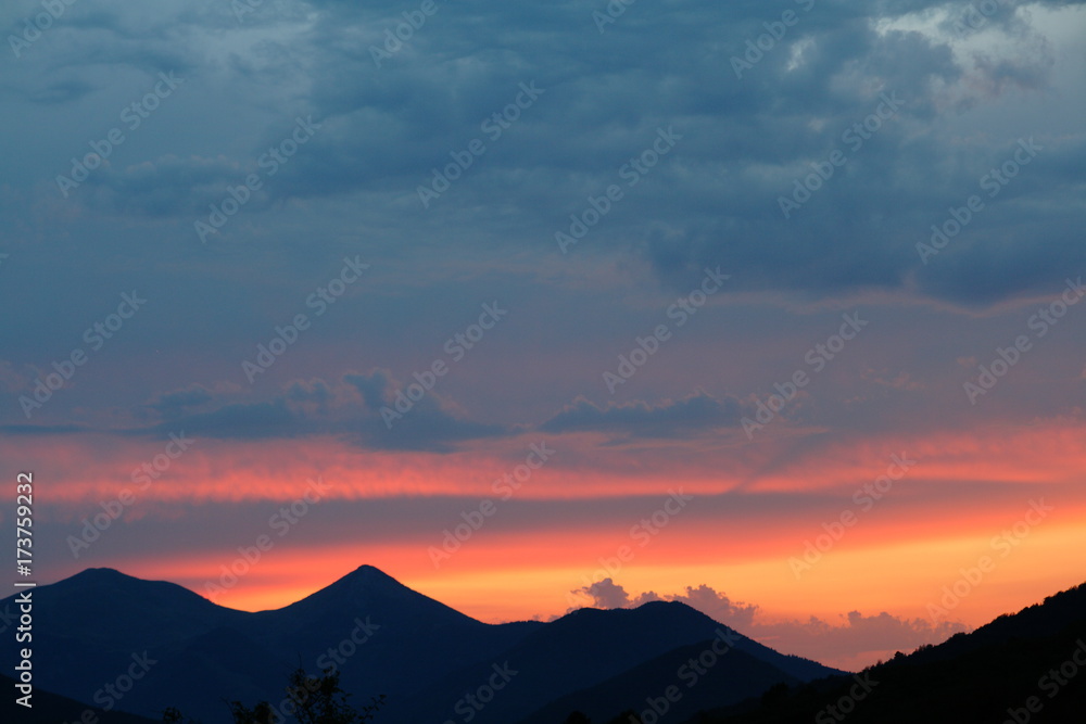 sunset in the French Pyrenees. Occitanie in south of France