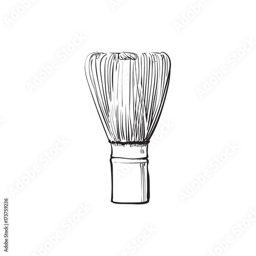 Black and white contour drawing, vector sketch cartoon wooden bamboo whisk. Isolated illustration on a white background. Traditional japanese tool for preparing special matcha tea