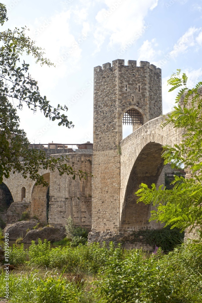 bridge and a tower made of stone over a river, Spain