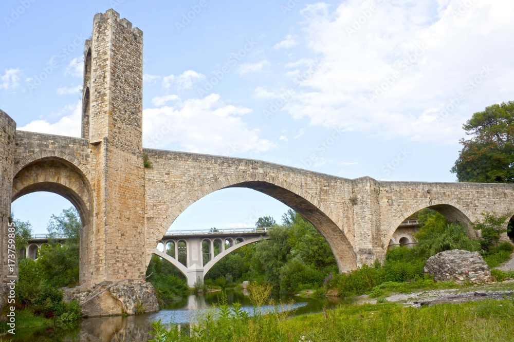 bridge and a tower over a river and trees, Spain