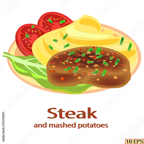 Meatballs and mashed potatoes. Steak grilled. Meat rissole, potato, green vegetables and tomatoes in the plate. Fried cutlet and garnish. Vector illustration.