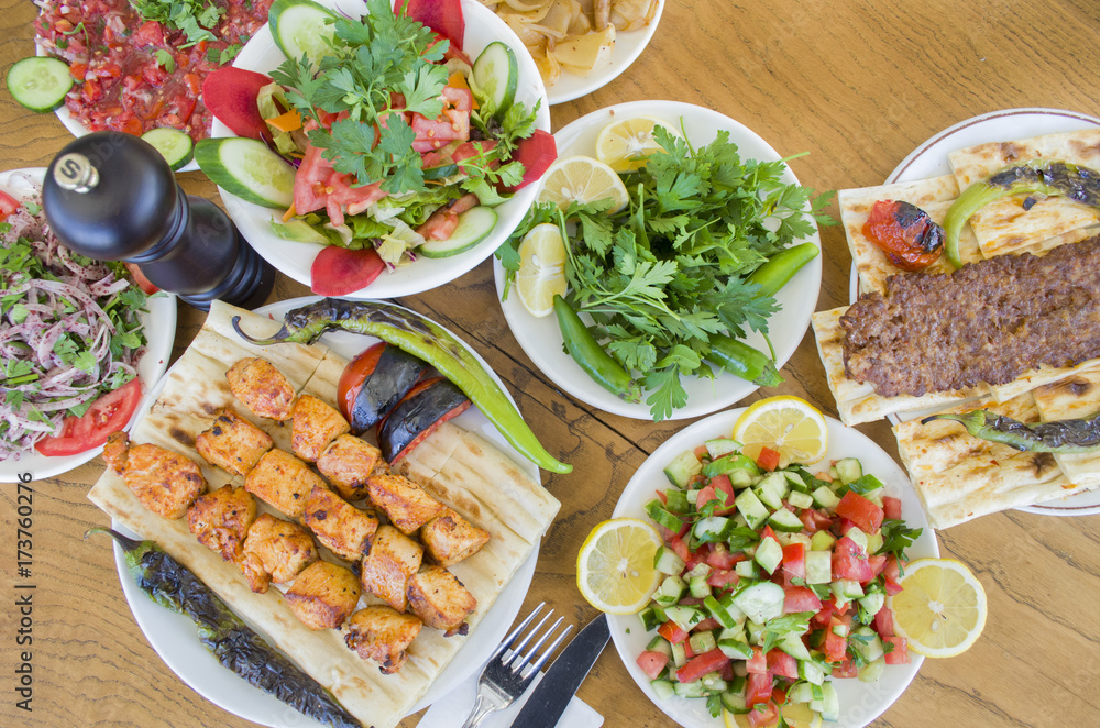 Chicken shish kebab and turkish adana kebab menu