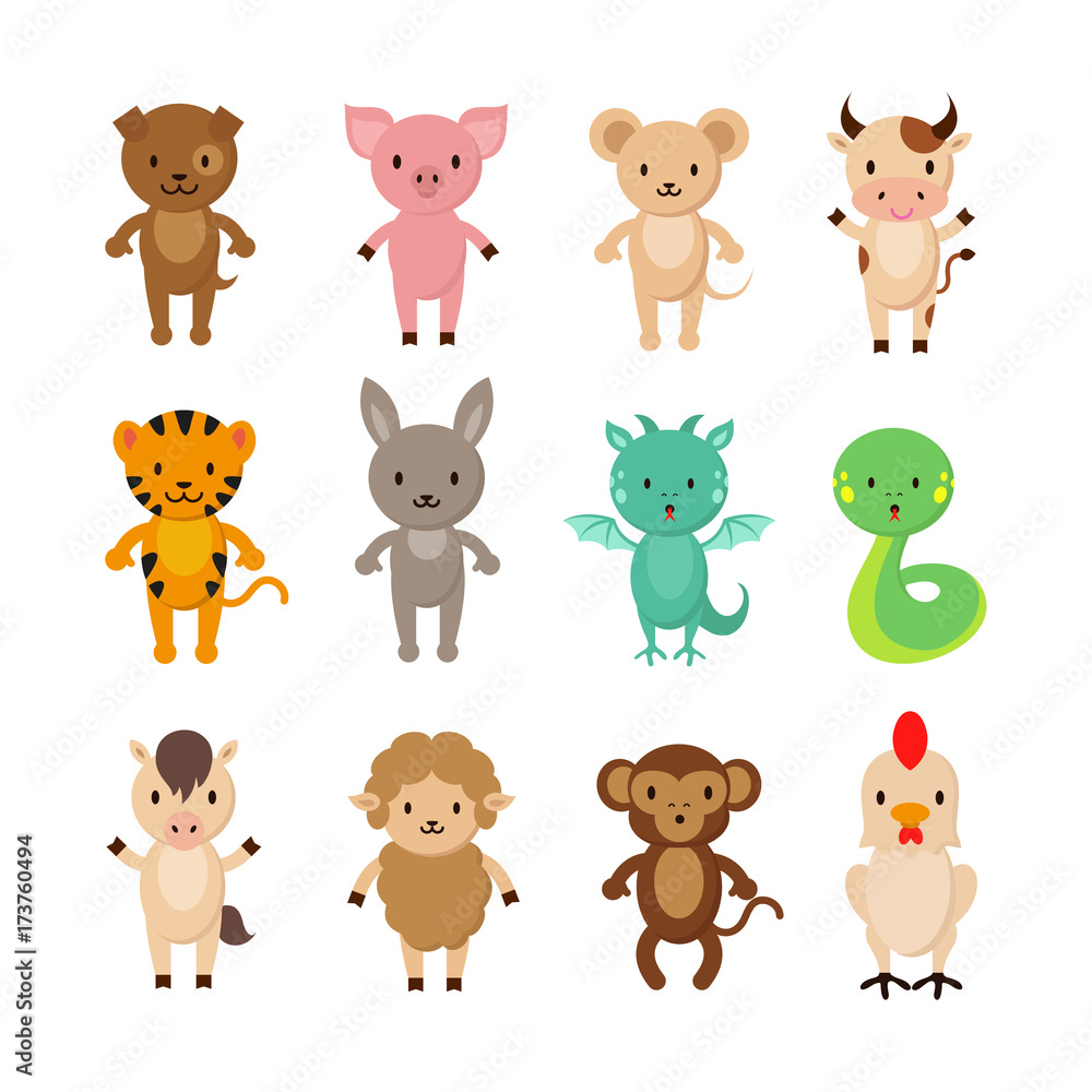 Obraz premium Chinese zodiac animals cartoon vector characters set
