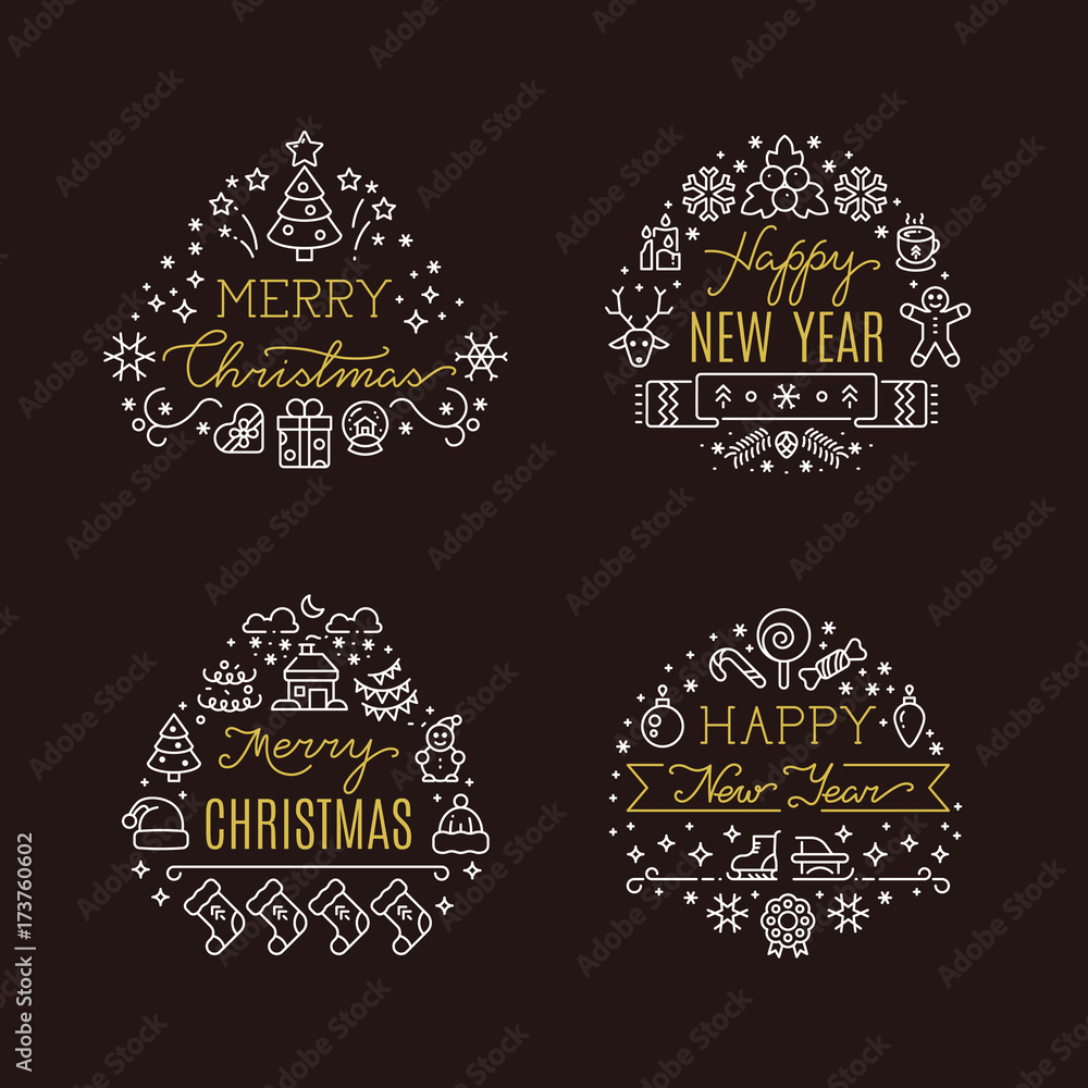 Obraz premium Christmas holiday decorative vector emblems with winter festive xmas line icons and greeting text