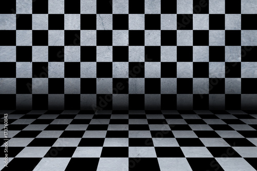 Black And White Checker floor Grunge Room. Checker floor lead into dark empty space