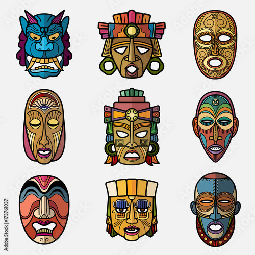 African craft voodoo tribal mask and inca south american culture totem symbols vector set