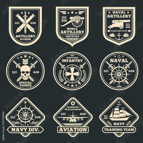 Tablou canvas Vintage military and army vector emblems, badges and labels