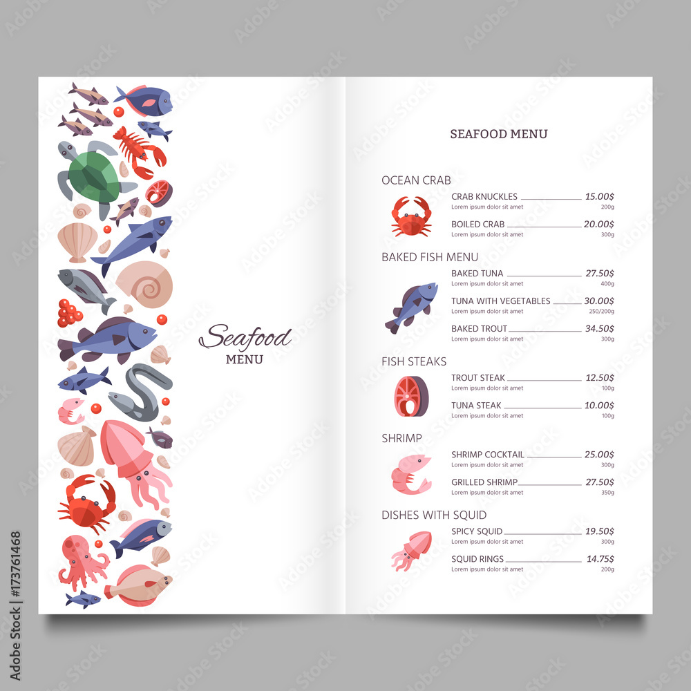 Naklejka premium Seafood restaurant vector menu template