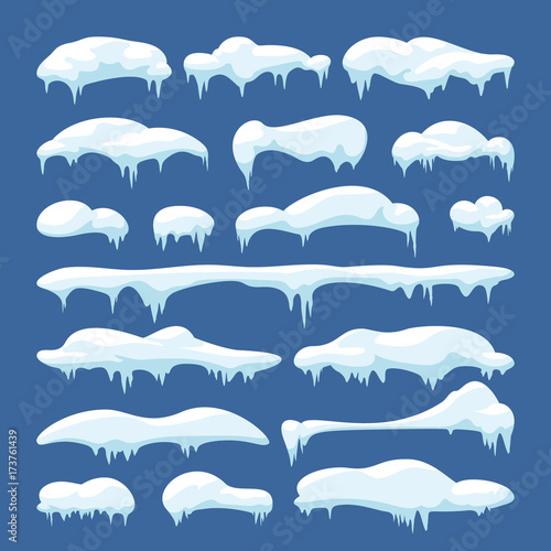 Cartoon snow caps, snowdrifts and icicles. Snowy christmas decoration vector elements