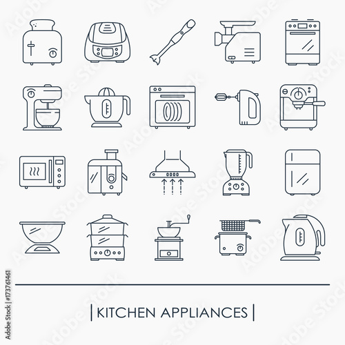 Collection of kitchen appliances outline icon