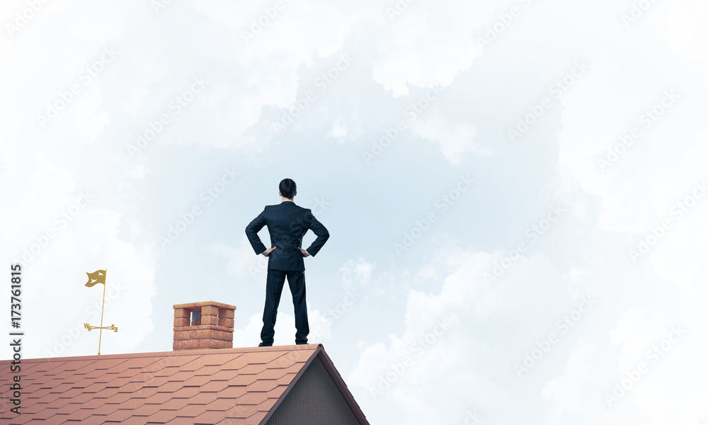 Mister boss on brick roof with arms akimbo. Mixed media Mister boss on brick roof with arms akimbo. Mixed media