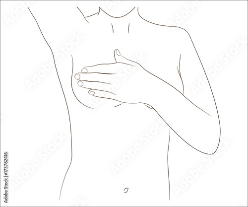 Female performing monthly breast check for tumor and lump. Breast self exam, vector illustration. Part of female torso with one hand up and other hand over the boob. Black and white contour.