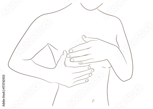 Woman performing monthly breast check, self exam, hands over breasts. Female chest, part of torso. Breast tumor, cancer problem illustration. Realistic style vector.