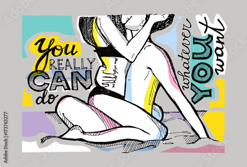 Hand drawn motivation poster with love couple. You really can do whatever you want. Kissing people on bed. Vector illustration