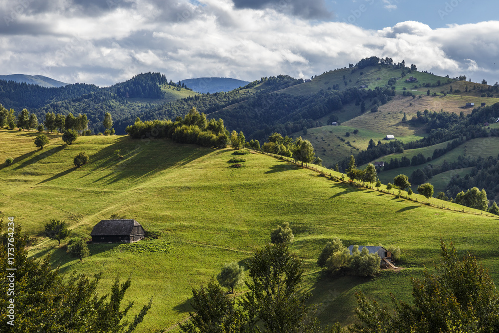 Obraz premium Summer alpine landscape with green fields and haystacks, Bran, Transylvania, Romania