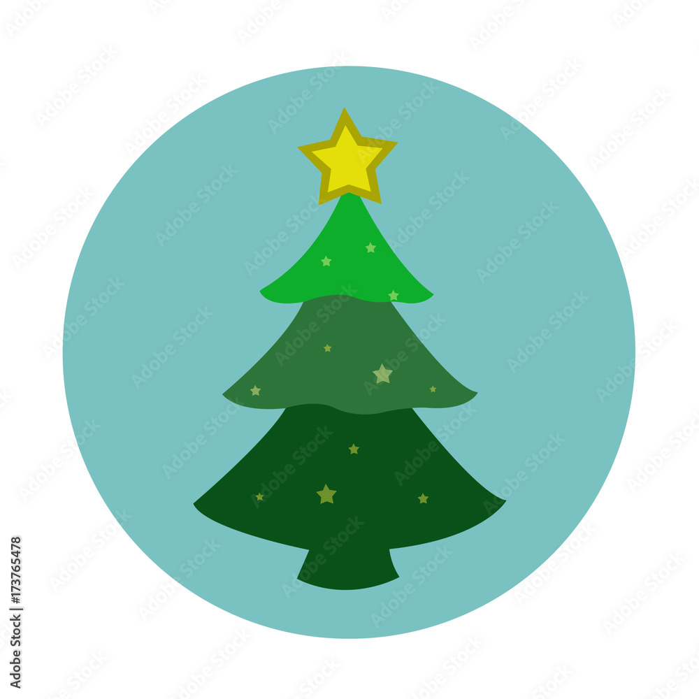 Christmas tree with yellow star icon circle on blue background. Christmas tree with yellow star icon circle on blue background.