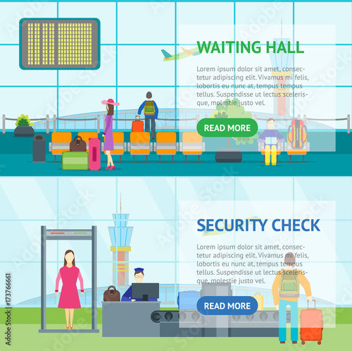 Cartoon Airport Waiting and Security Control Banner Horizontal. Vector