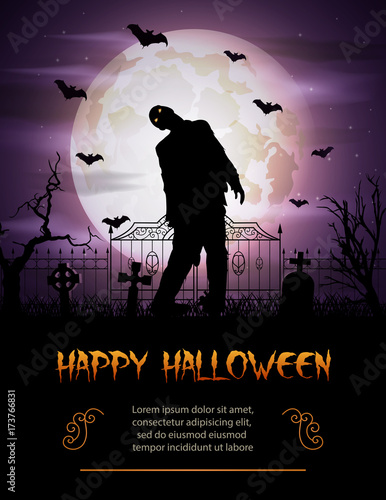 Halloween background with zombie walking out from grave