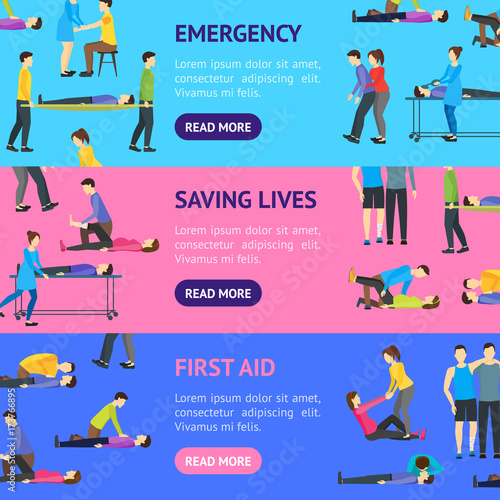 First Aid Emergency Help with People Banner Horizontal Set. Vector