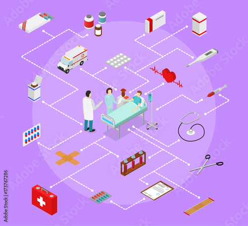 Patient in Bed and Doctor or Medical Staff Reanimation Concept Isometric View. Vector