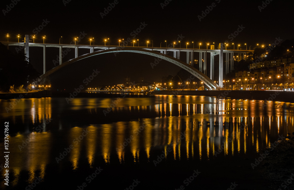 Arrabida Bridge Porto Portugal Water Reflection Douro River Night Landscape