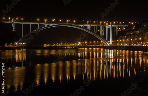 Arrabida Bridge Porto Portugal Water Reflection Douro River Night Landscape © Kirill