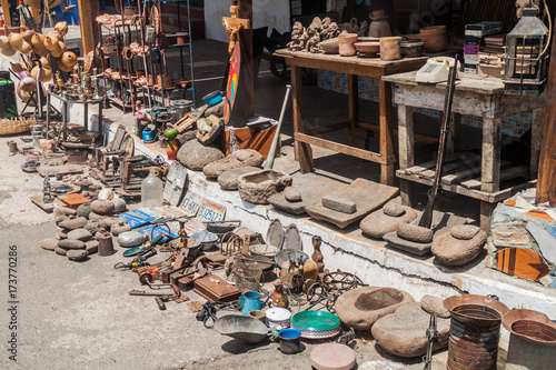 CONCEPCION DE ATACO, EL SALVADOR - APRIL 3, 2016: View of a merchandise of a street stall in Concepcion de Ataco.