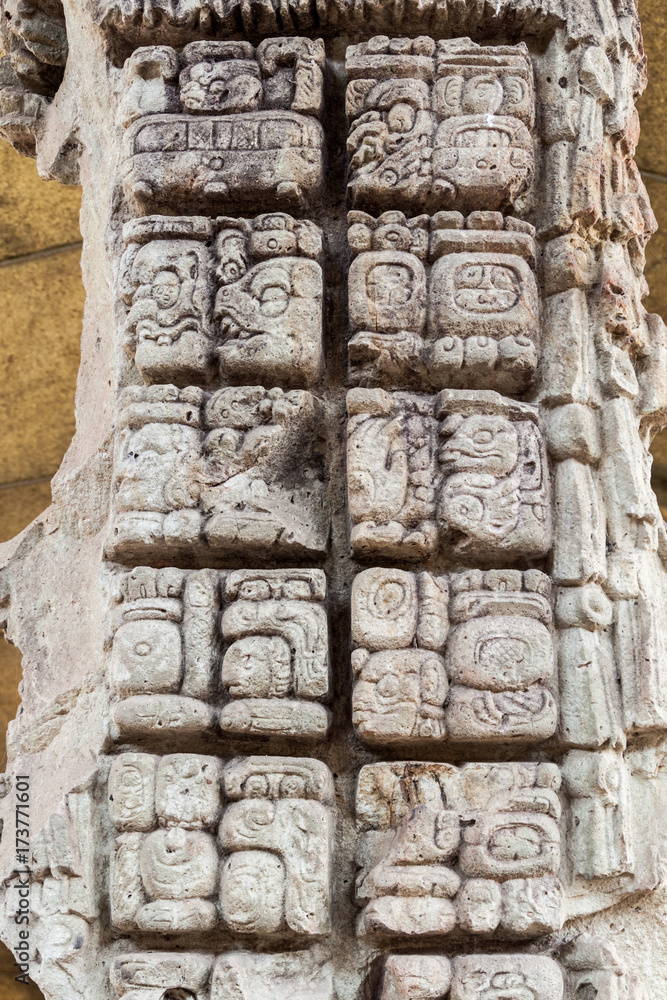 Detail of mayan hieroglyphs at the archaeological site Copan, Honduras