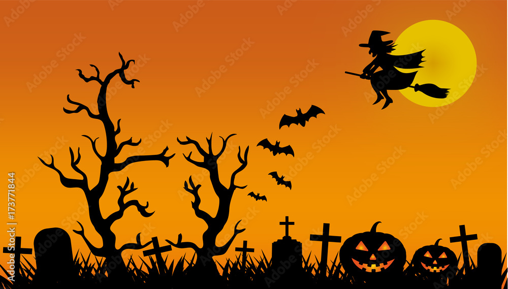 Sfondo di halloween con cimitero, strega, zucche e pipistrelli Sfondo di halloween con cimitero, strega, zucche e pipistrelli