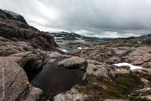 Typical norwegian landscape with snowy mountains