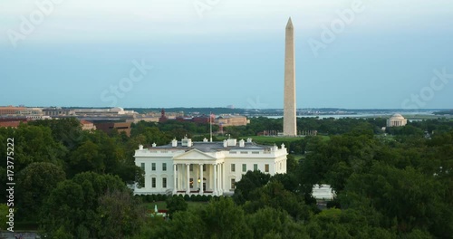 The White House Evening Summer framed center wide 60 fps ProRes HQ 4K. Use as a background plate for graphics. Washington Monument, Lincoln Memorial
