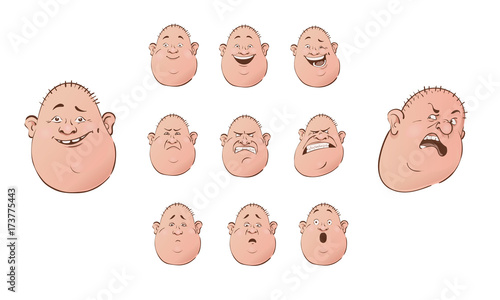 Set of male emoji characters. Flat cartoon style. Isolated bald men avatars with different facial expressions.