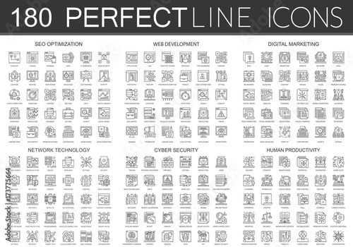 180 outline mini concept icons symbols of seo optimization, web development, digital marketing, network technology, cyber security, human productivity icon.