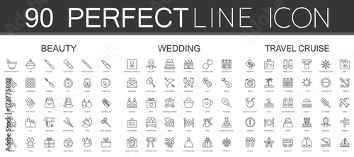 90 modern thin line icons set of beauty cosmetics, wedding, travel cruise
