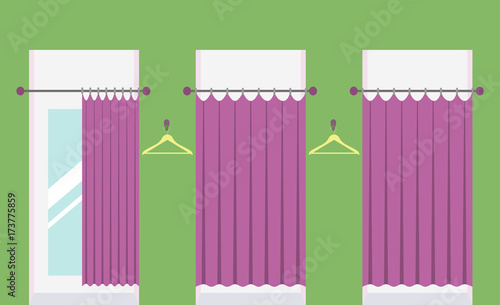Row of vacant fitting rooms in a clothing shop, one fitting room with open curtain and mirror inside. Cabins for trying on clothes in a shopping mall. Vector illustration.