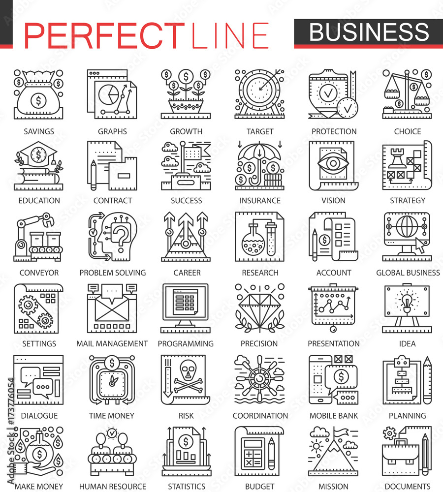 Business outline mini concept symbols. Finance modern stroke linear style illustrations set. Perfect thin line icons.