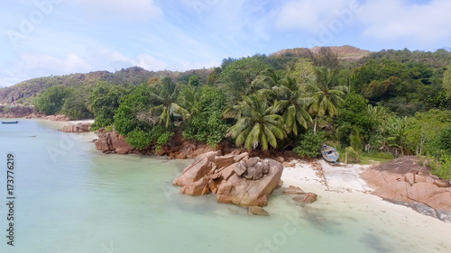 Panoramic aerial view of Praslin mountains and ocean