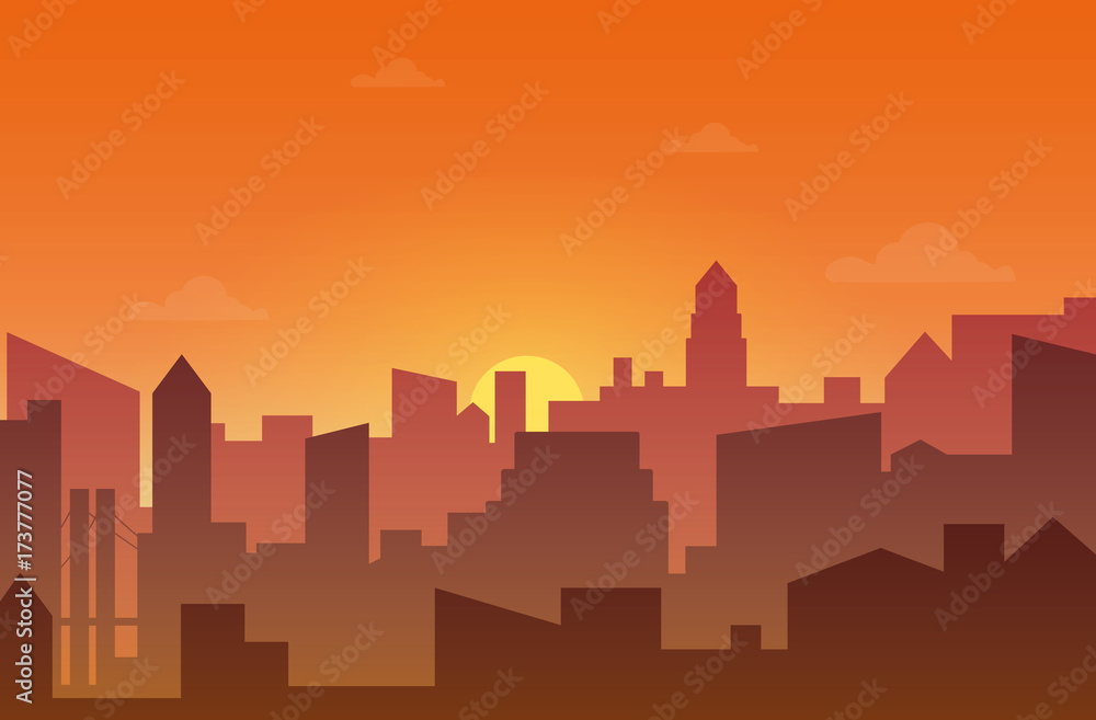 City skyline silhouette at sunset or sunset. Skyscappers, towers and office in dirty fog vector illustration.