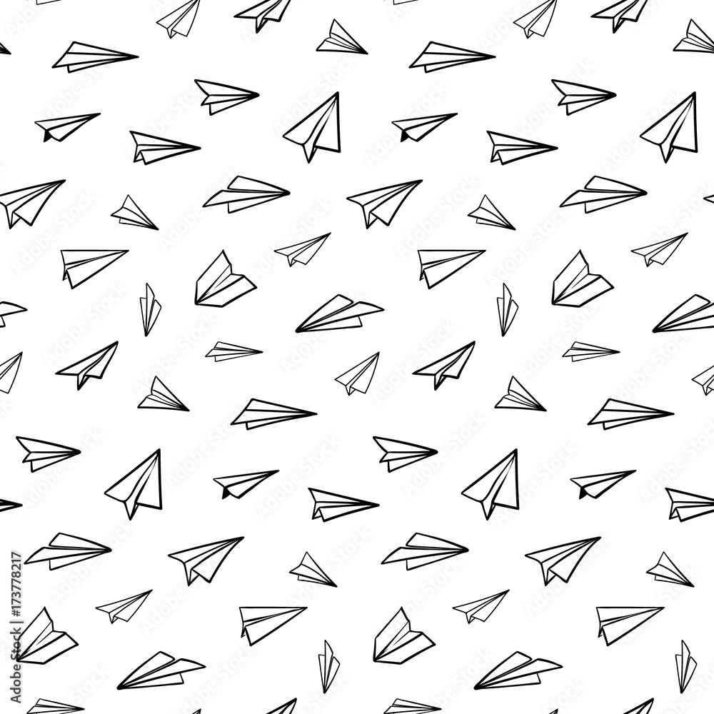 Seamless pattern with vector paper airplane. Travel, route symbol. Vector illustration of background with hand drawn paper plane. Outline. Hand drawn doodle airplane. Black linear paper plane icon Seamless pattern with vector paper airplane. Travel, route symbol. Vector illustration of background with hand drawn paper plane. Outline. Hand drawn doodle airplane. Black linear paper plane icon