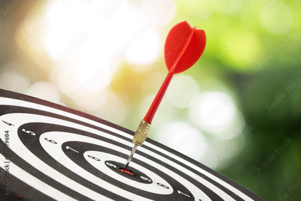 Target dart with arrow over blurred green spring garden background Target dart with arrow over blurred green spring garden background